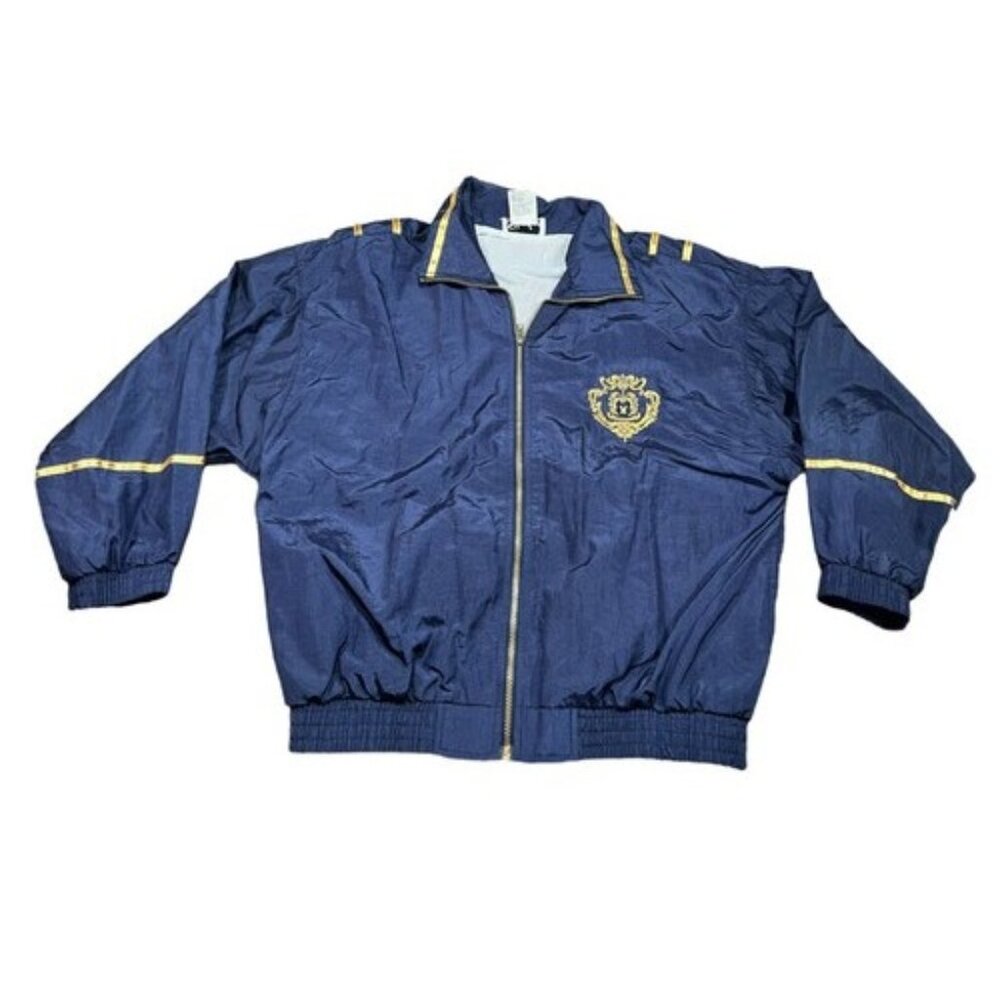 Vintage 80s Slade Women's Blue Nylon Windbreaker Track Jacket Gold Logo Large